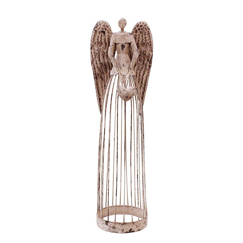 Attraction Design Antiqued Metal Garden Angel Statue with Heart, Indoor Outdoor Angel Yard Art Decor Lawn Patio Decorations Holiday Decor Garden Present Idea, 32"H - Image 1